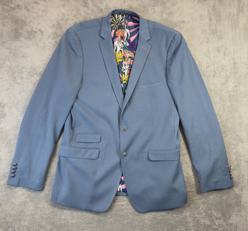 Paisley And Gray Blazer Jacket Mens 44L Slim Fit Blue French Bulldog Classy Suit